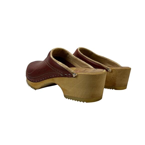 Olaf Daughters Vintage 70s Rusty Brown Leather Swedish Wooden Clogs Size 37 - Picture 4 of 9